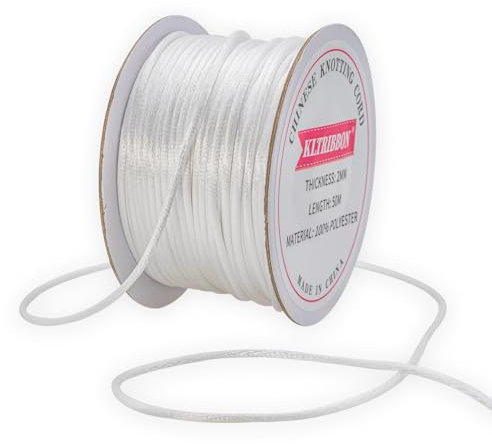 KLTRIBBON Cordoncino di raso bianco da 2 mm, 50 metri, per nodi cinesi, coda di topo, per bracciali, collane, gioielli, macramè