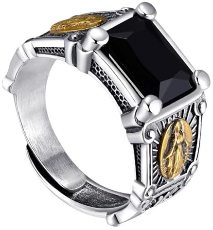 GAUEIOUR Retro Square Black Onyx Agate Stone Ring White Copper Cross Signet Ring Gothic Jewelry Gifts for Men,Personalized Trend Hip Hop Rings,Adjustable Opening Black Stone Rings