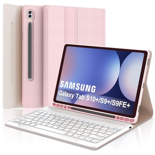 Coque Clavier pour Samsung Galaxy Tab S10 Plus 12.4, AZERTY Français Housse Clavier Bluetooth Détachable avec Porte Crayon pour Samsung Galaxy Tab S10+/S9+/S9 FE+ 12.4 Pouces 2024/2023, Rose