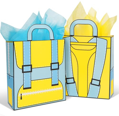 BETESSIN Geschenktüte Einschulung Junge Blau - 10 Stück Papiertüten mit Schulranzen Design - 15.5x6.5x17.5cm Geschenktaschen mit Henkel & Seidenpapier - Geschenkverpackung zum Schulanfang
