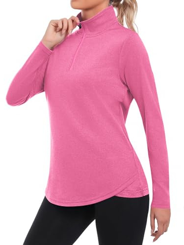 PINSPARK Gym Tops for Women Long Sleeve Crewneck Sport Shirts 1/4 Zip Running Top Spring UPF 50+ Hiking Rash Guard Quick Dry Cycling Tops Outdoor Activewear Pink s