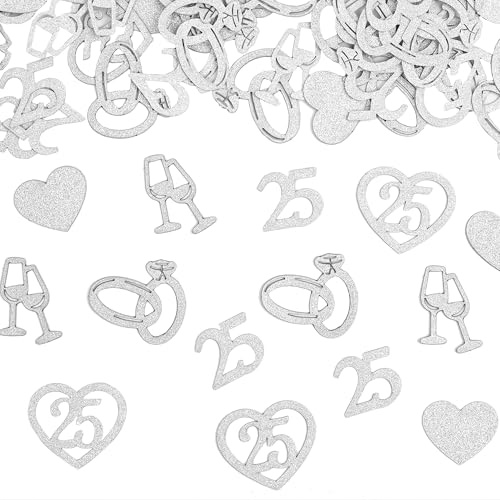 Tasoraor Glitzer Konfetti Silberhochzeit Deko - 150 Stück Silber Hochzeit Tischdeko mit Zahl 25 Ringe Herz Sekt Motiven, 25. Jubiläum Party Streudeko Hochzeitsdeko für Tischdekoration