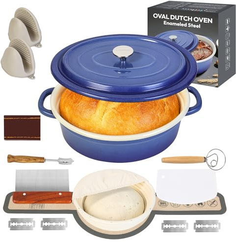 8QT Enameled Steel Dutch Oven with Proofing Basket, Non-Stick Ovenproof Casserole Pot, Dark Blue Dutch Oven for Braising, Stews, Roasting & Bread Baking