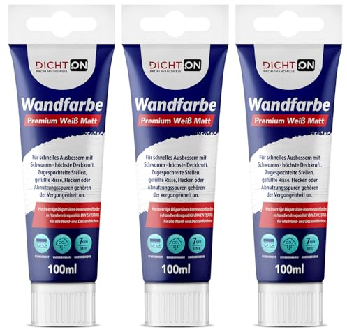 DICHTON Wandfarbe Ausbessern weiß mit Schwamm 3x100ml Tube einfaches Auftragen, höchste Deckkraft, hohe Reichweite - Innenfarbe scheuerfest, emissionsarm, spritzarme Ausbesserungsfarbe D.63W