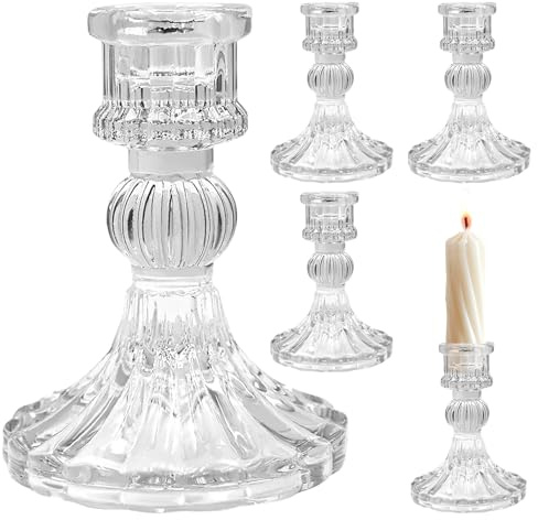 4 portacandele in vetro, portacandele trasparenti con asta a coste, stile e lusso, per decorazioni domestiche, matrimoni e regali, 7,8 x 7,8 x 10,3 cm