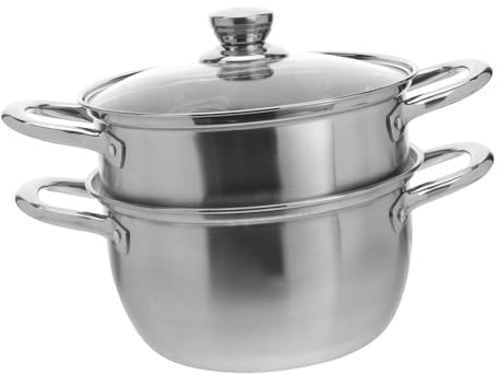 AMUSLESUR Olla Vapor de Acero Inoxidable Doble con Tapa de Templado Mango Ergonómico y Múltiples Orificios para Vapor para Verduras