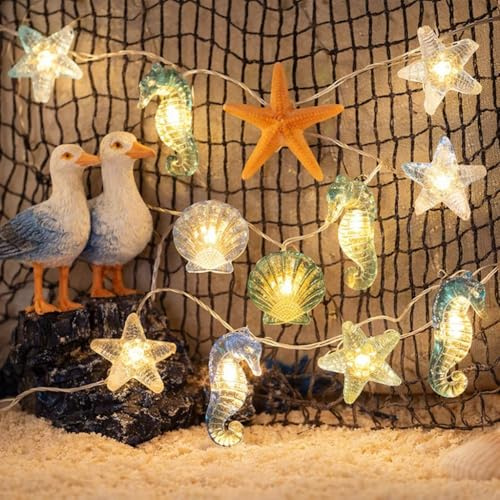 Lichterkette Meerestiere, 2M 20 LED Lichterketten Kinderzimmer, mit Seepferdchen Seestern Wellhornschnecken Muschel Lichterkette, Timer, Lichterketten Innen für Kinderzimmer Schlafzimmer Party Deko