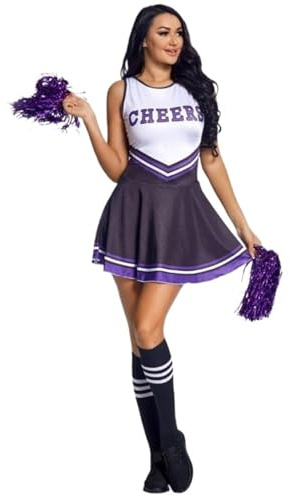 WSQHAO Cheerleading-uniform, ärmlös, danskostym, cheerleader-outfit för vuxna, rund hals, klänning med bokstavstryck, blommor och strumpor för kvinnor (mörk lila, S)