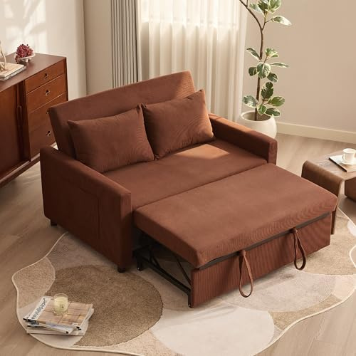 Litbird Schlafsofa 2-Sitzer, 3-in-1 ausziehbares Sofa Bett, Cordstoff Schlafcouch mit Verstellbarer Rückenlehne und Seitentaschen, für Wohnzimmer und Gästezimmer,Braun