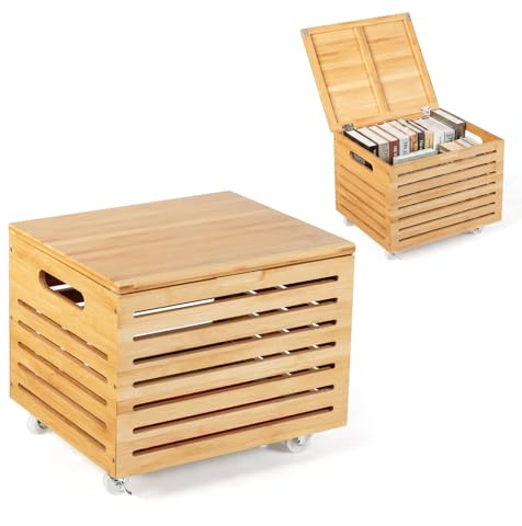 COSTWAY Storage Chest on Wheels, Bamboo Storage Box Trunk with Lid, Rolling Clothes Toy Blanket Box Organizer Unit for Bedroom Living Room Hallway, 42 x 35 x 35cm, Natural