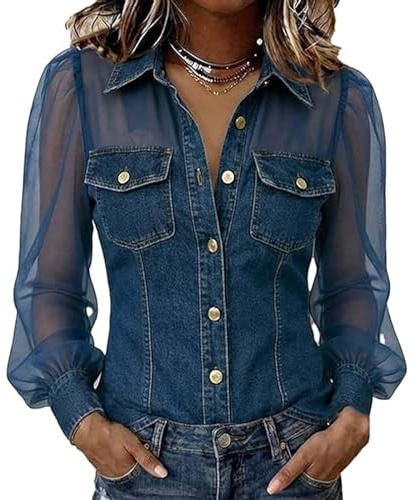 RuiWise Chemise en Denim À Manches Longues en Transparente pour Femmes, Chemisier Transparent Boutonné avec Poches Poitrine, Haut en Jean Sexy pour Femmes