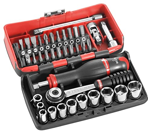 FACOM - Coffret à Douille 1/4 6 Pans Métriques et Embouts - R2NANO - Coffret Outils Complet - 38 Pièces avec Cliquet, Douilles, Rallonges, Cardan, Poignées - Boîte de Rangement