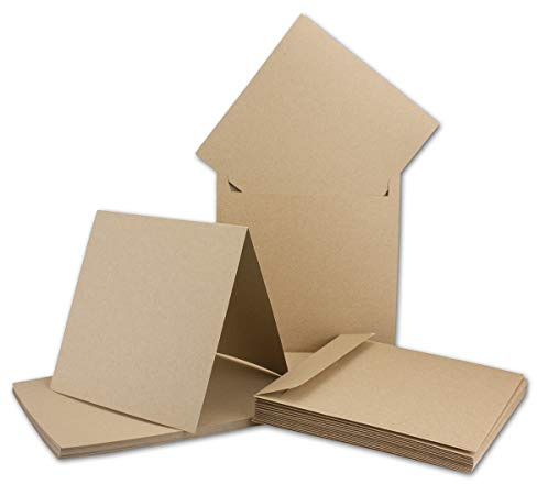 50 SETS Kartenpaket quadratisch 16 x 16 cm - 50x Faltkarten, Recycling - Naturfarbe braun - 50x Umschläge braun