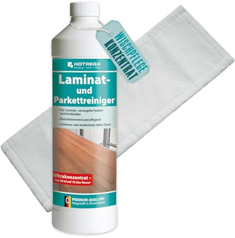 HOTREGA Laminat- & Parkettreiniger 1L Konzentrat | Inkl. Microfasermopp | Wischpflege für Korkböden | Streifenfreie Reinigung & Schutz | Rutschhemmende Wirkung | Ohne Nachpolieren | Seidenmatt-Finish