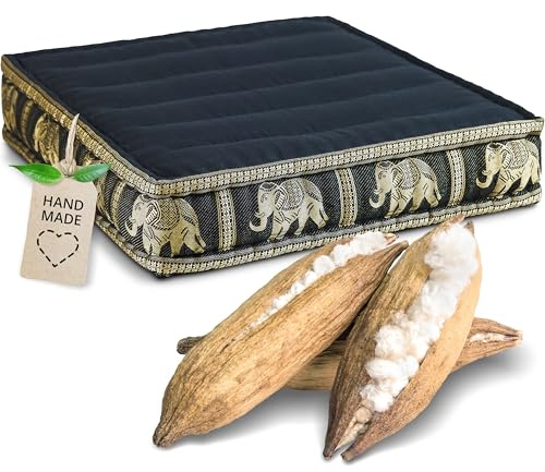 Livasia Coussin d’Assise Soie thaï - 50x50x10cm - Coussin de Sol intérieur/extérieur, méditation Yoga, Chaise Meuble palettes, Coussin surpiqué pour Chaise Banc (Noir/Éléphants Soie)