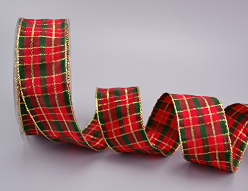 20 m x 40 mm Dekoband Weihnachten KARO ROT / DUNKELGRÜN / GOLD Drahtkantenband Dekoband Geschenkband kariert Schleifenband Schottenkaro doppelseitig Glanzband