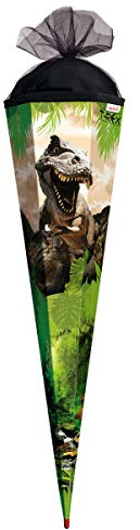 ROTH Schultüte groß Tyrannosaurus 85cm - 6-eckig Rot(h)-Spitze - Zuckertüte Dinosaurier TRex Dino in Grün und Schwarz