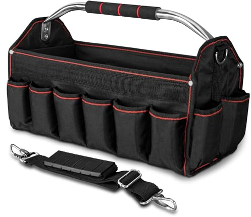 HAUTMEC 18 Inch Foldable Tool Tote Bag, Open Top Tool Bag with 27 Pockets and Removable Partition, Portable Tool Organizer with Adjustable Shoulder Strap & Water-Resistant Molded Base – HT0020
