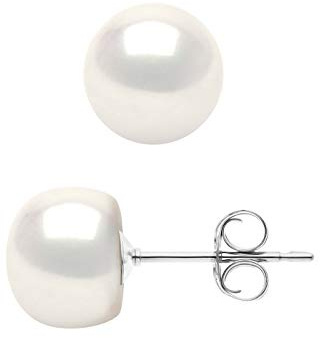 PEARLS & COLORS - Boucles d'Oreilles Véritables Perles de Culture d'Eau Douce Boutons - Blanc Naturel - Qualité AAA+ - Or Blanc - Système Poussette Haute Qualité - Bijou Femme
