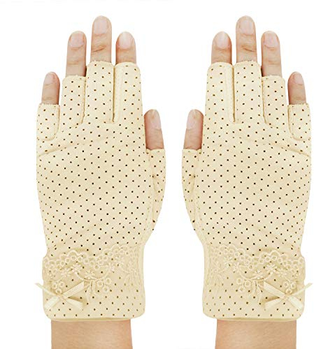 Damen Sommer Halbfinger Handschuhe Baumwolle Fahrradhandschuhe Kurz Spitzenhandschuhe Anti-Rutsch, Anti-UV Schutz, Dünn Sonnenschutz Fäustlinge Gloves für Fahren Outdoor Motorrad Radfahren (Beige)