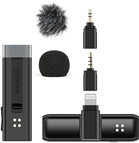 BOYA Wireless Lavalier Microphone System for iPhone Livestream, 2.4GHz Mic with Buit-in Battery & Charging Case for iPad, Tablets, DSLR Camera, Camcoder, Home Video Recording Vlog Interview