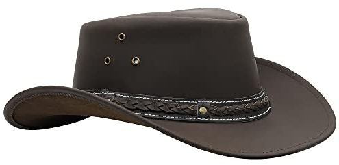 SideWinder Cowboy Chapeau Cuir de Vachette Western Chapeaux Aussie Style Vintage Outback Shapeable Bush Hommes Femmes Brun Noir Toutes Les Tailles