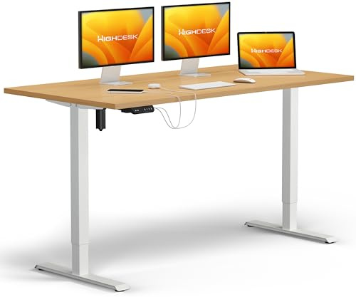 KRIEG HighDesk SMART Höhenverstellbarer Schreibtisch 140 x 80 cm I Weiß + Buche - Elektrischer Sitz- & Stehtisch mit Tischplatte - Stehschreibtisch Elektrisch Höhenverstellbar