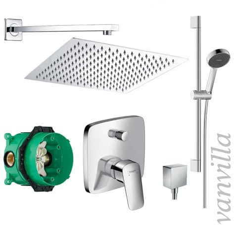 vanvilla Duschsystem Unterputz mit Duscharmatur Hansgrohe poliert HG34 | Duscharmatur von Hansgrohe Logis Einhebelmischer und vanvilla Regendusche Duschkopf eckig, Duschstange Dusch-SET poliert
