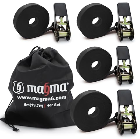 MAGMA 4 Cinghie con Cricchetto 6m | Cinghia Fissaggio Portapacchi e Rimorchi | Cinghie di Carico Regolabili per Kayak, Tavola da Surf, Canoa, Bici, Moto | Carico di Rottura: 1600kgf/pz | Nero