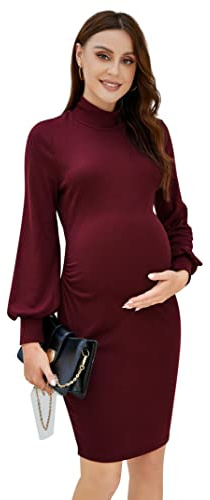 KOJOOIN Señoras Vestido de Maternidad Embarazo Manga Larga Vestidos de Maternidad Cuello Tortuga Vestidos de Maternidad con Fruncidos Laterales Vino Tinto XXL