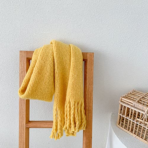 WLLDDDIU Strickschal Damen Damen-Schal Aus Kaschmir-Feeling, Weicher, Dicker, Warmer Strickschal, Gelber Schal, Quaste, Wickelschal, Winter-Deckenschal, Einfache Stola-Schals Für Damen Und Mädchen