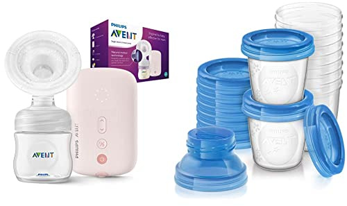 Philips Avent Elektrische Einzelmilchpumpe (Modell SCF395/11) & Avent Aufbewahrungssystem für Muttermilch, Becher inklusive Deckel, Adapter (Modell SCF618/10)