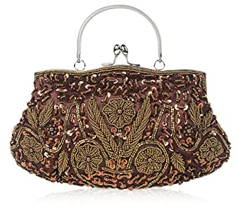 CORIOS Damen Handgemachte Perle Handtasche Floral Abendtasche Vintage Clutch Tasche Elegante Schultertasche Klein Tasche Kette Umhängetasche Hochzeit Bankett-Party Abschlussball Tasche Kaffee