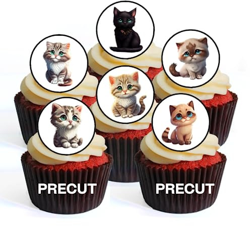 PRECUT Cute Cats Edible Cupcake Toppers - Cat Lover Theme - wafer card disc cake decorations (Pack of 24)