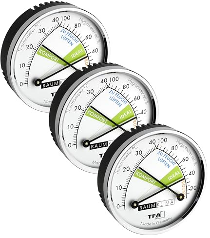 TFA Dostmann Thermo Analoges Thermometer Hygrometer mit Metallring, Luftfeuchtigkeitsmessgerät, Mehrfarbig, L 71 x B 23 x H 71 mm (Packung mit 3)