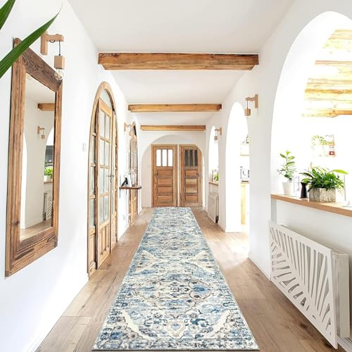 Enyhom Langer Flur Teppich Läufer 60 x 305 cm, Klassisch Waschbar Schlafzimmer Läufer Hochwertig rutschfest Küchenläufer Teppich Weich Fußmatte für Innen Außen, Blau