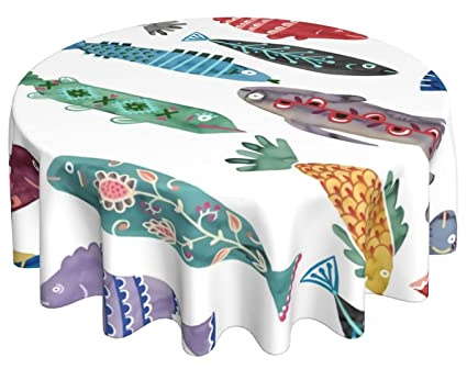 Manteles Gran Pez Folclórico De Colores Fácil De Limpiar Cubremesa Antimanchas Mantel De Hule 152Cm para Decoración Hogar Navidad