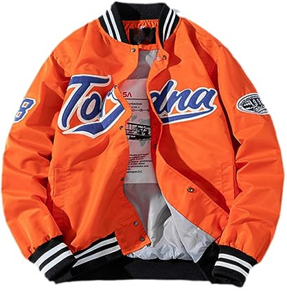 MQMYJSP Hip Hop Baseballjacke Herren Bestickung Jacke Buchstabe Streetwear Jacke Vintage Windbreaker Paare Frühling Herbst Orange L