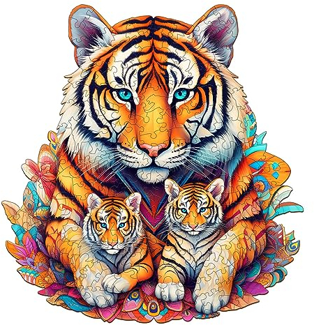 Funnli Holzpuzzles für Erwachsene und Kinder,Einzigartige Tierförmige Holz-Puzzle (Tiger-Familie), Puzzle aus Tierteilen (S-23.7 * 25cm-100 Stück)