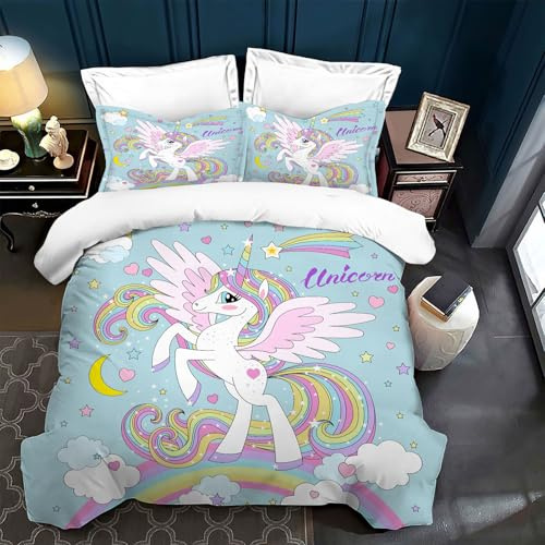 TSOPEFI Set di biancheria da letto rosa con unicorno, motivo a unicorno, per bambini, copripiumino con nuvole arcobaleno e cavalli (220 x 240 cm, C)