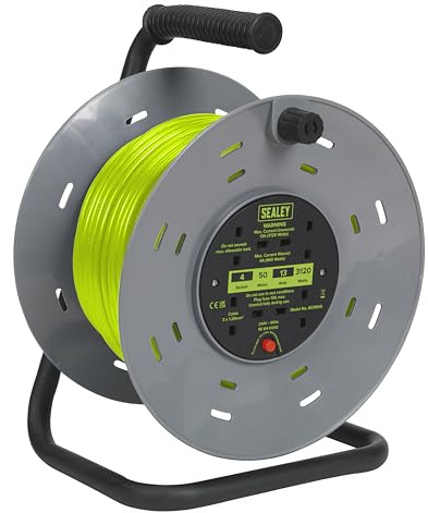 Sealey 50m Cable Reel with Thermal Trip 4 x 230V Sockets - Green - BCR50G