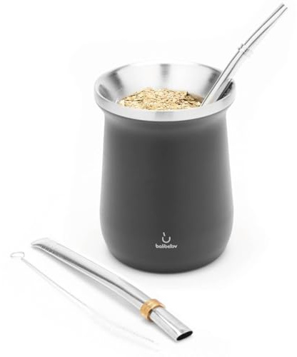 BALIBETOV 260 ml Tasse à Maté – 2 Bombillas & Brosse de Nettoyage – Double Paroi Isolée – Pour Yerba Mate, Thé & Boissons Chaudes ou Froides