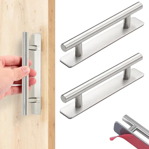BGOBTY Tiradores Cajones,2 Tiradores Armarios Autoadhesivos,Tiradore Cocina Acero Inoxidable,Muebles Plateados,para cajones,armarios,puertas de armarios(Plata, 76 mm)