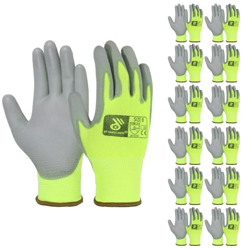 HANDLANDY 12 Pairs PU Coated Nylon Black Protective Work Gloves, Non-slip Flexible Gloves for Construction, Warehouse, Gardening (Hi-vis Yellow, Medium)