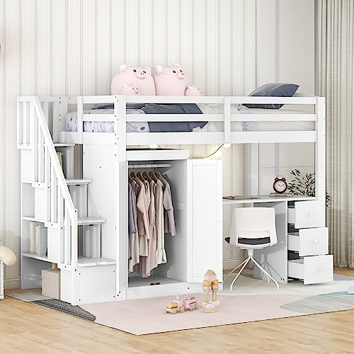 Merax Hochbett 90x200cm, Kinderbett mit Kleiderschrank, Schreibtisch, Schubladen, Stauraumtreppe, Funktional Einzelbett Bettgestell mit Lattenrost, Rausfallschutz, für Jugendliche, Erwachsene, Weiß
