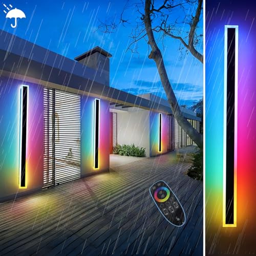 RGB Außenwandleuchten LED Wandleuchte Aussen Innen IP65 Wasserdichte Lang Wandlampe Dimmbar Wandleuchte mit Fernbedienung Schwarz Wandlampe Aluminium Terrassen Beleuchtung für Balcony Villa (120CM)