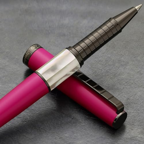 Xezo Speed Master Fine Rollerball Pen Matte Cerise Fuchsia mit weißem Perlmutt Gunmetal plattiert Leichter Messingkörper Jedes Unikat