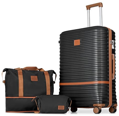 Joyway Kofferset Rollkoffer Koffer von ABS Hartschalen Erweiterbar Trolley Kofferset mit TSA Schloss und 4 Zwillingsrollen Der Handgepäck Sets Enthält 1 Reisetasche und 1 Kulturbeutel Schwarz 66cm