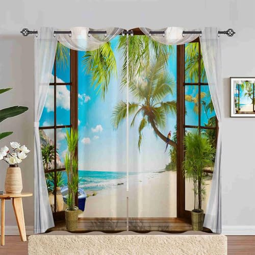 ANHOPE Ozean Strand Palmen Papagei Verdunklungsvorhänge mit Ösen Thermo Vorhänge Blickdichte Gardinen Weich Blackout Curtain Wohnzimmer Schlafzimmer Vorhang 2er Set H 245 x B 200 cm