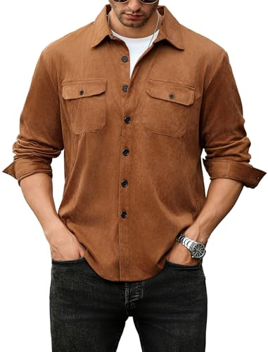 ZAFUL Herren-Hemd, Wildlederimitat, Knopfleiste, leicht, langärmelig, Arbeitsmantel, einfarbiges Overshirt, Braun, XX-Large